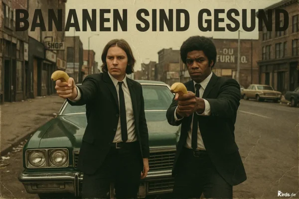 Zwei Männer in schwarzen Anzügen und weißen Hemden stehen in filmreifer Pose vor einem grünen Buick. Beide richten eine Banane wie eine Pistole auf den Betrachter. Der Hintergrund zeigt eine alte, leicht verfallene Straßenszene im Retro-Look. Die Stimmung erinnert an einen klassischen Gangsterfilm der 70er Jahre, doch der humorvolle Bruch mit den Bananen als Waffen sorgt für eine augenzwinkernde Botschaft.