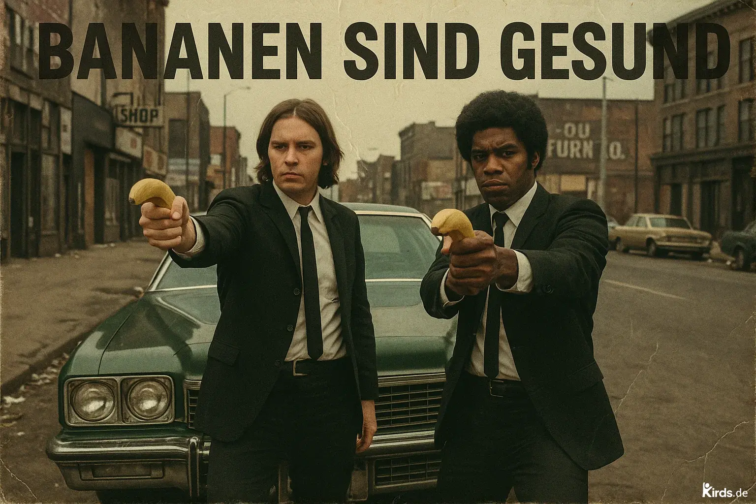 Zwei Männer in schwarzen Anzügen und weißen Hemden stehen in filmreifer Pose vor einem grünen Buick. Beide richten eine Banane wie eine Pistole auf den Betrachter. Der Hintergrund zeigt eine alte, leicht verfallene Straßenszene im Retro-Look. Die Stimmung erinnert an einen klassischen Gangsterfilm der 70er Jahre, doch der humorvolle Bruch mit den Bananen als Waffen sorgt für eine augenzwinkernde Botschaft.