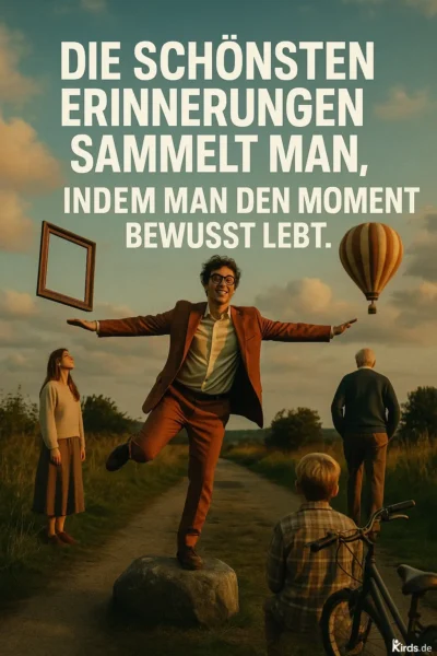 Dieses Spruch-Bild ist lebendig und voller Symbolkraft: Ein junger Mann im Anzug balanciert fröhlich auf einem Felsen, die Arme weit ausgebreitet. Neben ihm ein leerer Bilderrahmen, der den Moment symbolisch einrahmt. Im Hintergrund sieht man einen Heißluftballon am Himmel, ein älterer Mann schaut in die Ferne, während ein Junge mit seinem Fahrrad innehält. Die Szene wird in warmes, goldenes Licht getaucht und vermittelt das Gefühl von Freiheit, Lebensfreude und bewusst erlebten Augenblicken.