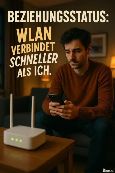 Ein nachdenklich wirkender junger Mann sitzt auf einem Sofa in einem dezent beleuchteten Wohnzimmer. Er hält ein Smartphone in den Händen und schaut bedrückt darauf. Auf dem Couchtisch vor ihm steht ein WLAN-Router mit leuchtenden Status-LEDs. Im Hintergrund sorgen eine Stehlampe und ein Bild an der Wand für eine gemütliche, aber leicht melancholische Atmosphäre.