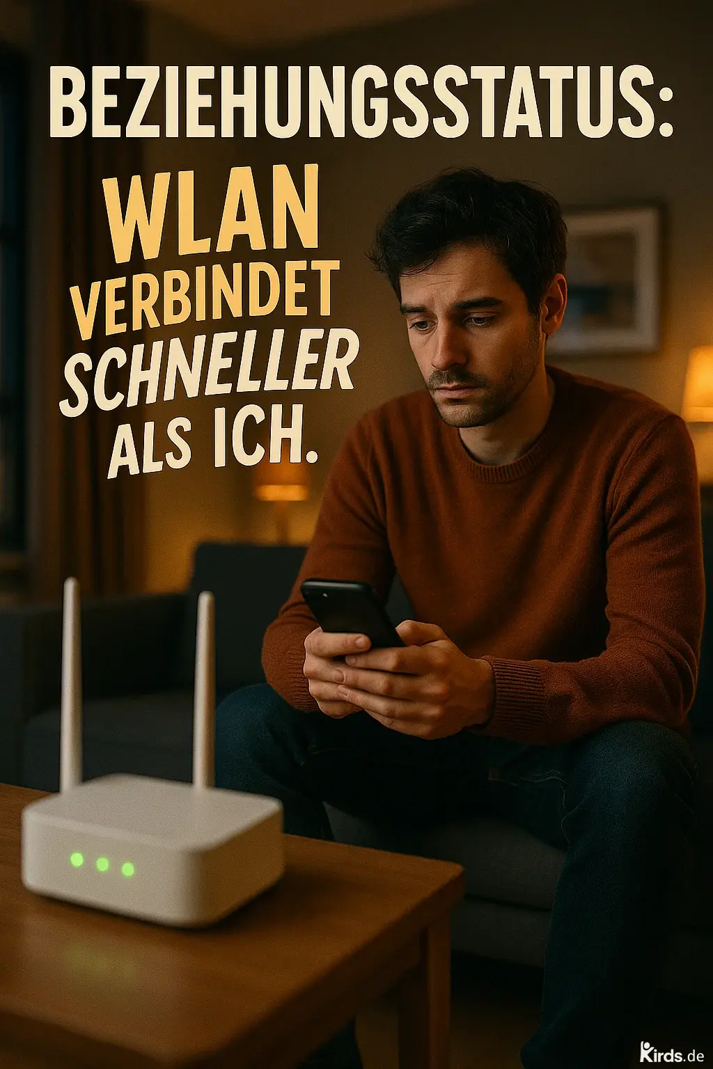 Ein nachdenklich wirkender junger Mann sitzt auf einem Sofa in einem dezent beleuchteten Wohnzimmer. Er hält ein Smartphone in den Händen und schaut bedrückt darauf. Auf dem Couchtisch vor ihm steht ein WLAN-Router mit leuchtenden Status-LEDs. Im Hintergrund sorgen eine Stehlampe und ein Bild an der Wand für eine gemütliche, aber leicht melancholische Atmosphäre.