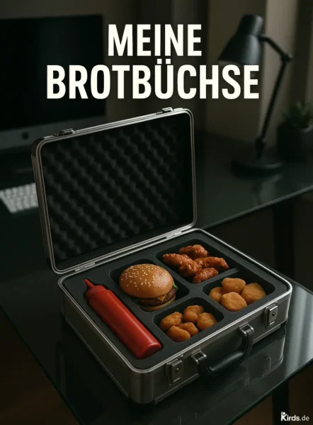 Dieses Spruch-Bild ist humorvoll und modern inszeniert: Ein stabiler Metallkoffer, der normalerweise Akten beherbergt, wird hier als Brotbüchse umfunktioniert. Im Inneren befinden sich ein Burger mit Sesambrötchen, Chicken Nuggets, knusprige Chicken Wings und eine rote Ketchupflasche. Der Koffer liegt auf einem eleganten Glastisch in einem modernen Büro mit Schreibtischlampe und Computer im Hintergrund – eine augenzwinkernde Szene über den Büroalltag und kleine kulinarische Sünden.
