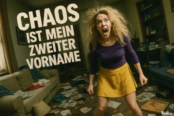 Eine Frau mit wild zerzausten Haaren steht schreiend und mit entschlossener Haltung in einem total chaotischen Wohnzimmer. Überall liegen Kleidungsstücke, Papier, ein umgestürzter Lampenschirm und eine leere Pizzaschachtel. Die Frau trägt ein lila Oberteil und einen gelben Rock. Die Szene wirkt wie eine humorvolle Inszenierung des absoluten Alltagschaos.