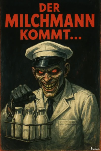 Dieses Spruch-Bild ist verstörend und eindrucksvoll: Ein unheimlicher Milchmann mit dämonischem Grinsen, leuchtend roten Augen und altmodischer Uniform hält einen Träger mit Milchflaschen. Sein Blick wirkt bedrohlich, fast übernatürlich – eine düstere Verzerrung einer alltäglichen Szene.