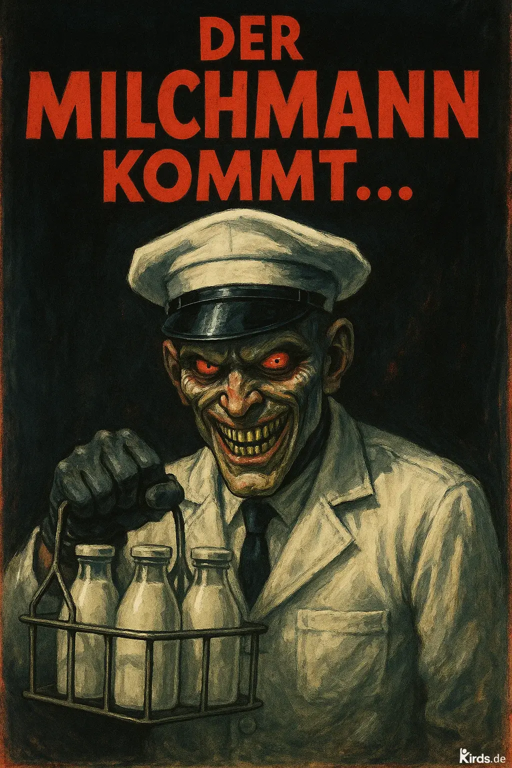 Dieses Spruch-Bild ist verstörend und eindrucksvoll: Ein unheimlicher Milchmann mit dämonischem Grinsen, leuchtend roten Augen und altmodischer Uniform hält einen Träger mit Milchflaschen. Sein Blick wirkt bedrohlich, fast übernatürlich – eine düstere Verzerrung einer alltäglichen Szene.
