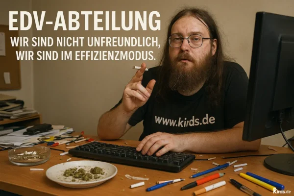Dieses Spruch-Bild zeigt einen IT-Mitarbeiter mit langem Haar und Bart, der ernst in die Kamera blickt, während er eine Zigarette in der Hand hält. Er trägt ein schwarzes T-Shirt mit dem Linux-Maskottchen Tux darauf. Vor ihm liegt ein unordentlicher Schreibtisch mit vielen Zetteln, Stiften, einem Teller mit Kräutermaterial, einem Aschenbecher voller Zigarettenstummel und mehreren selbstgedrehten Zigaretten. Im Hintergrund sind hohe Stapel von Aktenordnern und Papier zu sehen. Die Wand zeigt den Spruch: „EDV-ABTEILUNG – WIR SIND NICHT UNFREUNDLICH, WIR SIND IM EFFIZIENZMODUS.“