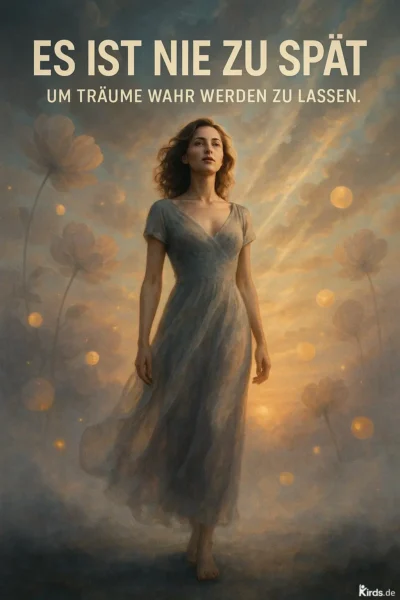 Dieses Spruch-Bild zeigt eine selbstbewusste Frau in einem fließenden, transparenten Kleid, die barfuß auf einem nebligen, von Lichtstrahlen durchzogenen Boden schreitet. Umgeben von großen, sanften Blumen und warm leuchtenden Lichtkreisen strahlt sie eine ruhige Entschlossenheit und Hoffnung aus. Die Lichtstimmung im Hintergrund erinnert an einen magischen Sonnenaufgang oder Sonnenuntergang.