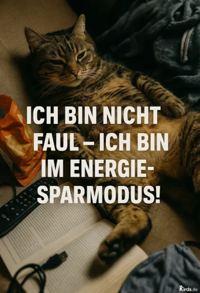 Dieses Spruch-Bild kombiniert Humor und Gemütlichkeit: Eine entspannte Katze liegt auf dem Rücken auf einem Sofa, umgeben von Chips, Fernbedienung, Buch und einem Pullover – ein Sinnbild für Faulheit mit einem Augenzwinkern. Perfekt inszeniert für den ironischen Spruch über den „Energiesparmodus“.