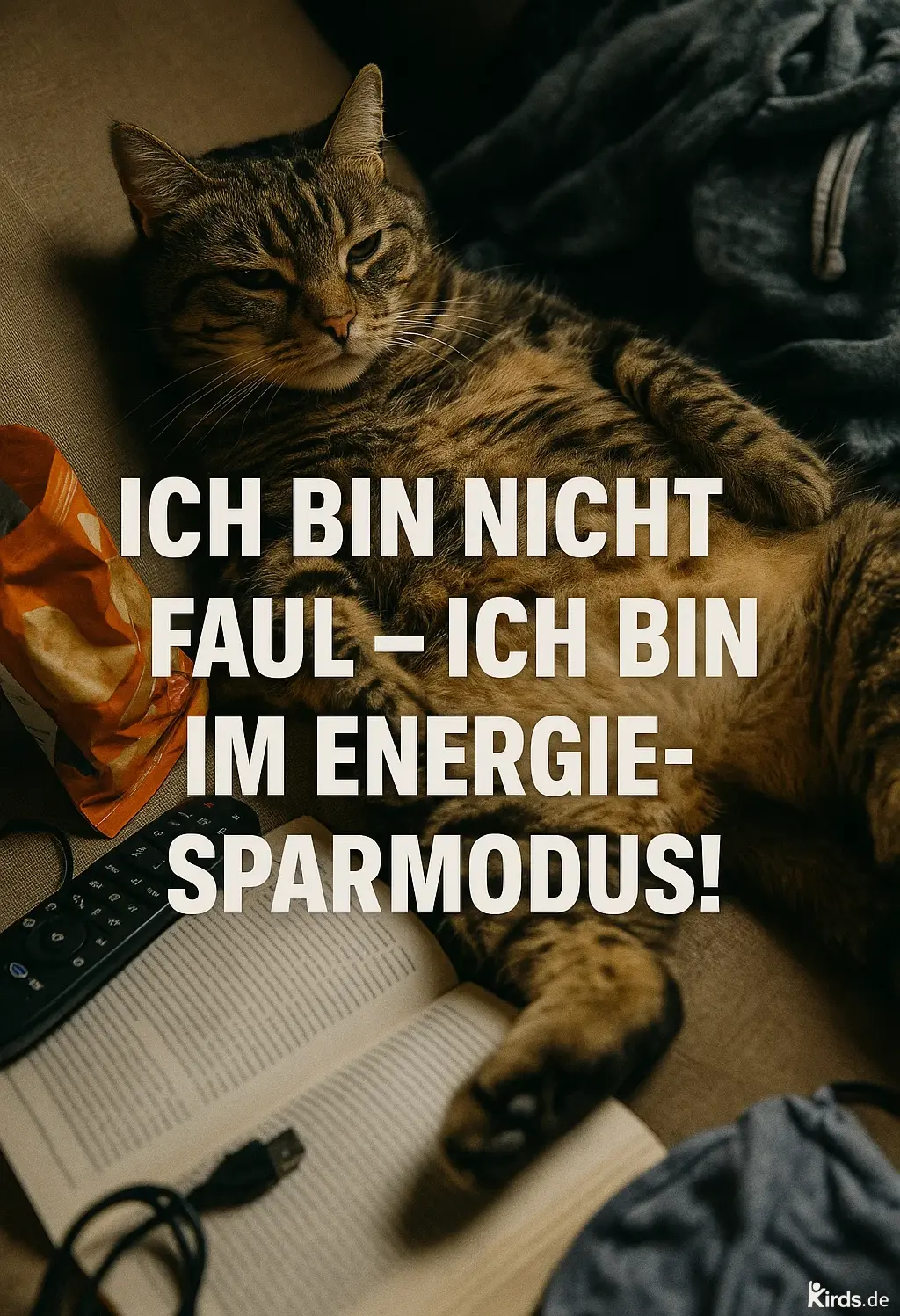 Dieses Spruch-Bild kombiniert Humor und Gemütlichkeit: Eine entspannte Katze liegt auf dem Rücken auf einem Sofa, umgeben von Chips, Fernbedienung, Buch und einem Pullover – ein Sinnbild für Faulheit mit einem Augenzwinkern. Perfekt inszeniert für den ironischen Spruch über den „Energiesparmodus“.