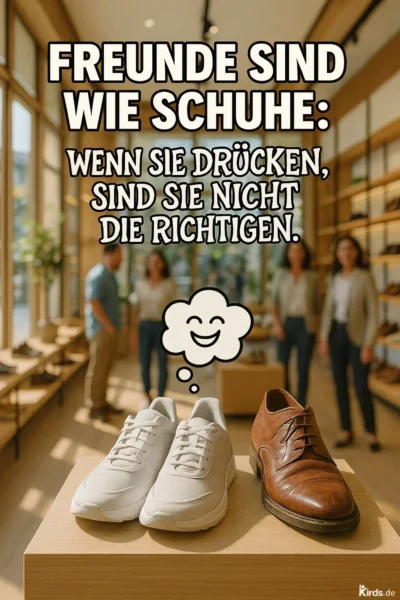 Dieses Spruch-Bild ist humorvoll und symbolträchtig gestaltet: Im Vordergrund stehen ein Paar weiße Sportschuhe und ein einzelner brauner Lederschuh auf einem hellen Holzpodest. Im Hintergrund sieht man unscharf eine moderne, helle Boutique mit vier Personen, die sich unterhalten. Über den Schuhen schwebt eine Denkblase mit einem lachenden Gesicht, die den Gedankenprozess symbolisiert.