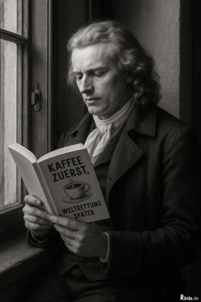 Dieses Spruch-Bild ist eine stilvolle Mischung aus Klassik und Humor: Ein Mann im historischen Gewand sitzt am Fenster und liest ein modernes Buch mit dem Spruch „Kaffee zuerst, Weltrettung später“. Die Szene verbindet Alt und Neu auf ironische Weise – eine originelle Darstellung von Prioritäten mit einem Augenzwinkern.