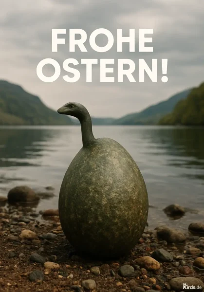 Dieses Spruch-Bild ist humorvoll und kreativ: Eine Ei-förmige Skulptur mit der steinernen Textur eines Dinosauriereis steht am Ufer eines ruhigen Sees. Aus dem Ei ragt ein kleiner Dino-Kopf neugierig empor. Der Hintergrund zeigt eine friedliche Landschaft mit einem spiegelglatten See, bewaldeten Berghängen und einem bedeckten Himmel.