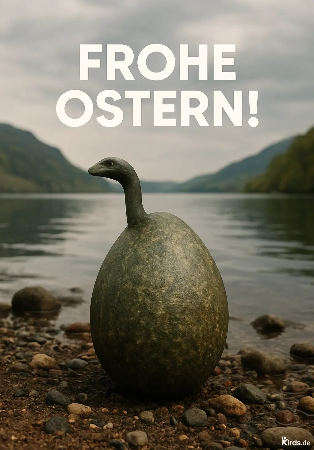 Dieses Spruch-Bild ist humorvoll und kreativ: Eine Ei-förmige Skulptur mit der steinernen Textur eines Dinosauriereis steht am Ufer eines ruhigen Sees. Aus dem Ei ragt ein kleiner Dino-Kopf neugierig empor. Der Hintergrund zeigt eine friedliche Landschaft mit einem spiegelglatten See, bewaldeten Berghängen und einem bedeckten Himmel.