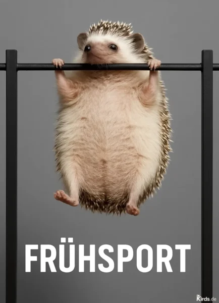 Dieses Spruch-Bild ist humorvoll und motivierend: Ein kleiner, rundlicher Igel hängt mit beiden Pfoten an einer schwarzen Stange und versucht sichtlich bemüht einen Klimmzug. Das Bild vermittelt auf charmante Weise die Themen Frühsport, Motivation und den oft schwerfälligen Start in den Tag.
