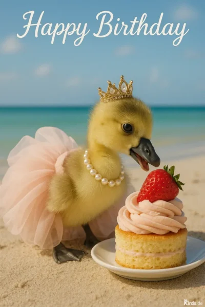 Dieses Spruch-Bild zeigt ein flauschiges gelbes Küken mit einer goldenen Krone und einer Perlenkette, das in einem rosa Tutu am Strand steht. Es blickt neugierig auf ein kleines Sahnetörtchen mit Erdbeere. Der Hintergrund ist ein ruhiger Ozean unter blauem Himmel, der das sommerliche, festliche und niedliche Motiv perfekt unterstreicht.