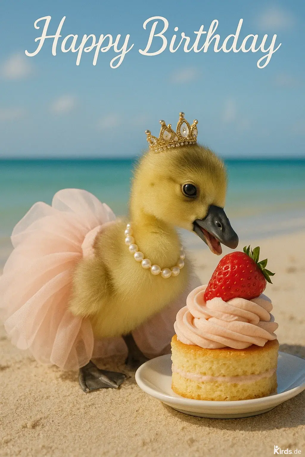 Dieses Spruch-Bild zeigt ein flauschiges gelbes Küken mit einer goldenen Krone und einer Perlenkette, das in einem rosa Tutu am Strand steht. Es blickt neugierig auf ein kleines Sahnetörtchen mit Erdbeere. Der Hintergrund ist ein ruhiger Ozean unter blauem Himmel, der das sommerliche, festliche und niedliche Motiv perfekt unterstreicht.