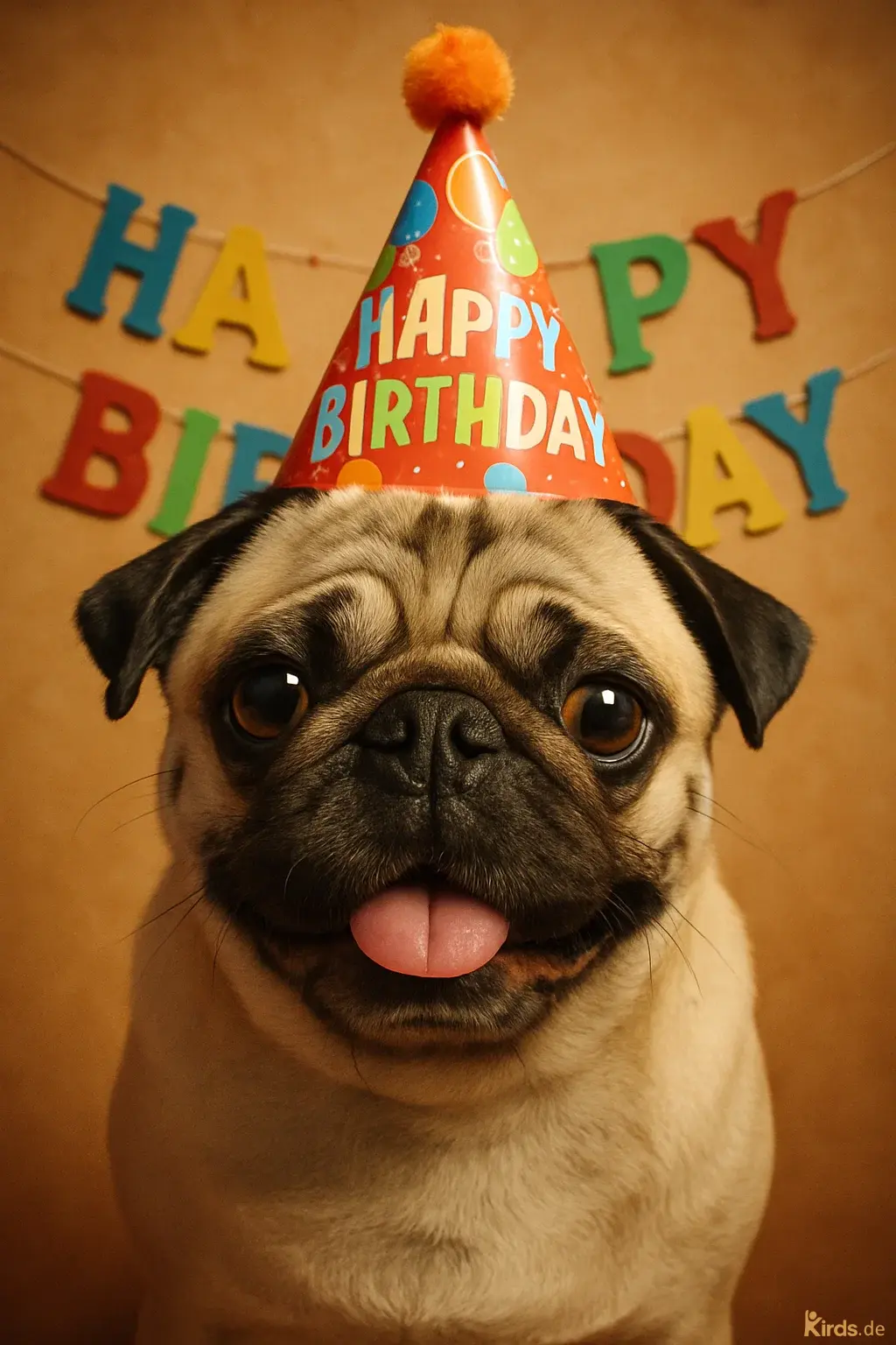 Das Bild zeigt einen fröhlich dreinblickenden Mops, der offensichtlich im Mittelpunkt einer liebevollen Geburtstagsfeier steht. Der Hund trägt einen auffälligen, roten Partyhut mit bunten Ballons und der Aufschrift „HAPPY BIRTHDAY“ in großen, farbenfrohen Buchstaben. Der Hut ist mit einem orangefarbenen Pompon an der Spitze verziert und sitzt perfekt auf dem Kopf des kleinen Vierbeiners. Der Mops schaut direkt in die Kamera, seine große, runde Augen glänzen lebhaft und neugierig. Seine Zunge hängt leicht heraus, was seinem Gesichtsausdruck eine besonders niedliche und sympathische Note verleiht. Im Hintergrund hängt eine bunte Girlande mit den Worten „HAPPY BIRTHDAY“, wobei die Buchstaben in unterschiedlichen Farben gestaltet sind – darunter Rot, Grün, Blau und Gelb. Der warme Farbton der Wand rundet das gemütliche und fröhliche Ambiente des Fotos ab. Das Bild vermittelt eine herzliche, humorvolle Stimmung und feiert die besondere Rolle von Haustieren in unserem Leben – als treue Freunde, die selbst die kleinsten Feste zu einem großen Ereignis machen.