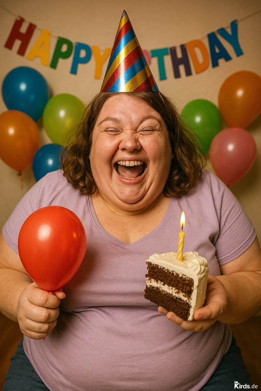 Das Bild zeigt eine fröhliche Frau, die offenbar ihren Geburtstag feiert. Sie trägt ein bunt gestreiftes Partyhütchen auf dem Kopf und strahlt über das ganze Gesicht, ihr herzhaftes Lachen ist ansteckend. In der einen Hand hält sie ein Stück Schokoladenkuchen mit weißem Zuckerguss, auf dem eine brennende Geburtstagskerze steckt. In der anderen Hand befindet sich ein roter Luftballon. Sie trägt ein fliederfarbenes T-Shirt, das farblich harmonisch zur bunten Szenerie passt.

Im Hintergrund sind zahlreiche bunte Luftballons an der Wand befestigt, sowie eine fröhliche „HAPPY BIRTHDAY“-Girlande aus farbig gemischten Buchstaben. Das gesamte Bild vermittelt eine warme, heitere und festliche Atmosphäre, in der die Freude über das Geburtstagsfest im Mittelpunkt steht.