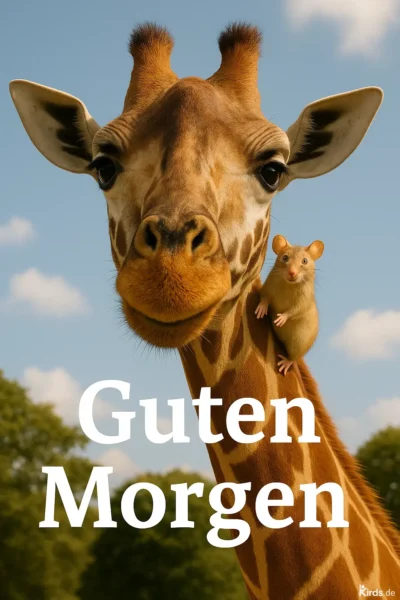 Dieses Spruch-Bild ist witzig und charmant: Eine Giraffe blickt freundlich in die Kamera, während eine kleine Maus frech an ihrem Hals hängt – eine humorvolle Szene, die tierische Freundschaft und gute Laune zum Ausdruck bringt.