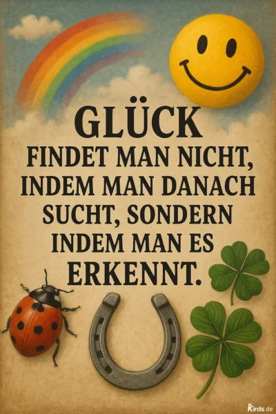 Dieses Spruch-Bild ist freundlich und symbolträchtig gestaltet: Ein bunter Regenbogen und ein strahlender gelber Smiley stehen für Freude und Positivität. Unten im Bild sind klassische Glückssymbole zu sehen: ein Marienkäfer, ein silbernes Hufeisen und zwei vierblättrige Kleeblätter. Die Bildkomposition vermittelt eine klare Botschaft von Glück, Optimismus und positiver Lebenshaltung.