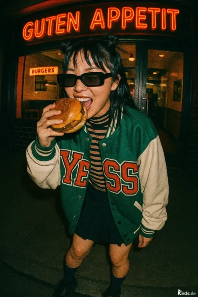 Eine junge Frau steht vor einem Imbiss mit leuchtendem „Guten Appetit“-Neonschild. Sie trägt eine auffällige grüne Collegejacke mit dem Schriftzug „YESSS“, eine gestreifte Bluse und einen kurzen Rock. Mit einem breiten Lächeln und cooler Sonnenbrille bei Nacht hält sie einen saftigen Burger in der Hand, bereit hineinzubeißen. Die Szene strahlt Lebensfreude, Spontanität und urbanen Lifestyle aus.