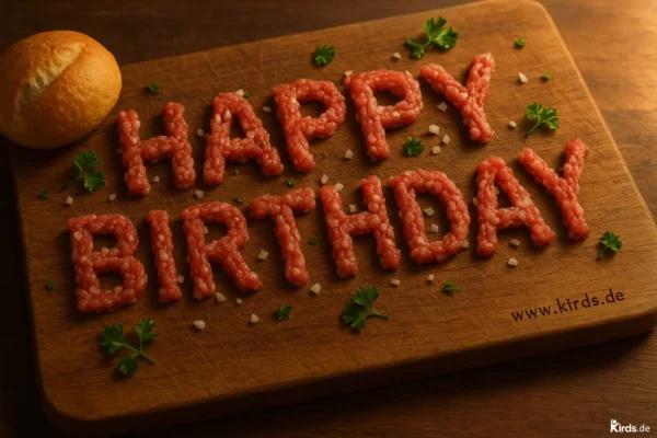 Das Bild zeigt ein rustikales Holzbrett, auf dem der Schriftzug „Happy Birthday“ aus rohem Hackepeter kunstvoll geformt ist. Neben dem Schriftzug liegen dekorativ kleine Petersilienblätter und grob gehackte Zwiebelstückchen. Oben links auf dem Brett liegt ein frisches, goldbraun gebackenes Brötchen. Die Szene ist warm beleuchtet und vermittelt eine humorvolle, kreative Atmosphäre.