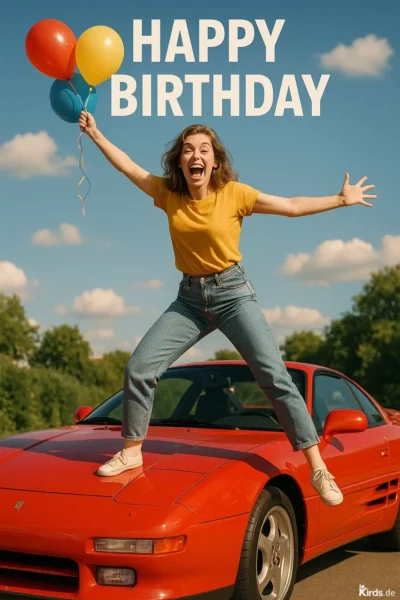 Eine junge, fröhlich lachende Frau steht mit ausgestreckten Armen auf der Motorhaube eines leuchtend roten Sportwagens. In der einen Hand hält sie drei bunte Luftballons. Der Himmel ist strahlend blau mit einigen weißen Wolken. Die Szene strahlt pure Lebensfreude, Freiheit und den unbeschwerten Genuss des Moments aus.