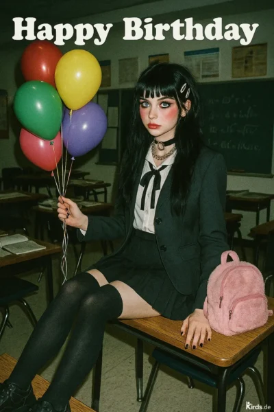 Dieses Spruch-Bild zeigt ein dunkel gekleidetes, stilvoll geschminktes Mädchen im Gothic-Stil, das auf einem Schultisch sitzt. In der linken Hand hält sie bunte Luftballons. Sie trägt eine schwarze Schuluniform mit Schleife, Overknee-Strümpfe und auffälliges Make-up. Neben ihr liegt ein kleiner rosa Plüschrucksack. Der Hintergrund ist ein klassisches Klassenzimmer mit Tafeln und Schulbänken.