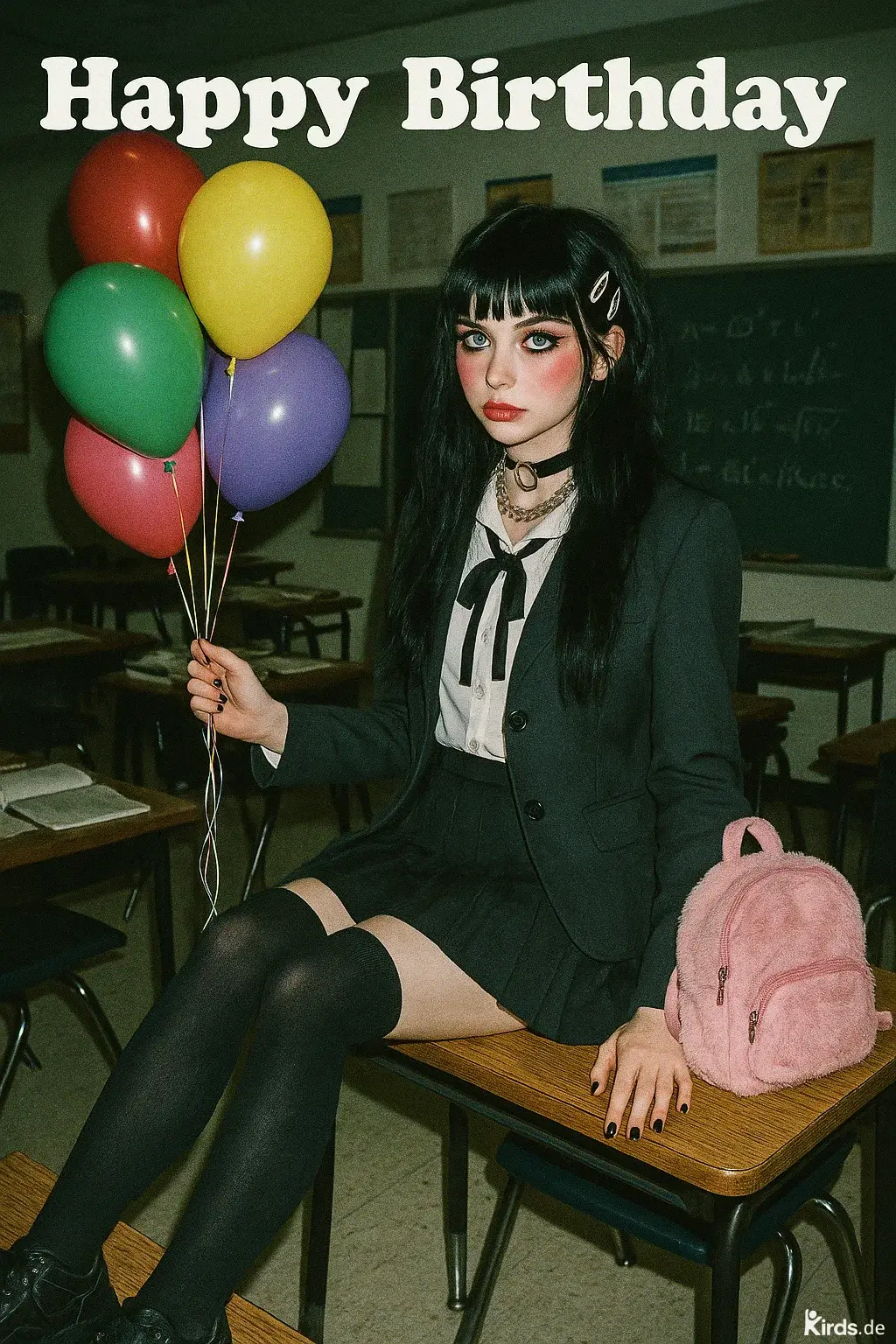 Dieses Spruch-Bild zeigt ein dunkel gekleidetes, stilvoll geschminktes Mädchen im Gothic-Stil, das auf einem Schultisch sitzt. In der linken Hand hält sie bunte Luftballons. Sie trägt eine schwarze Schuluniform mit Schleife, Overknee-Strümpfe und auffälliges Make-up. Neben ihr liegt ein kleiner rosa Plüschrucksack. Der Hintergrund ist ein klassisches Klassenzimmer mit Tafeln und Schulbänken.