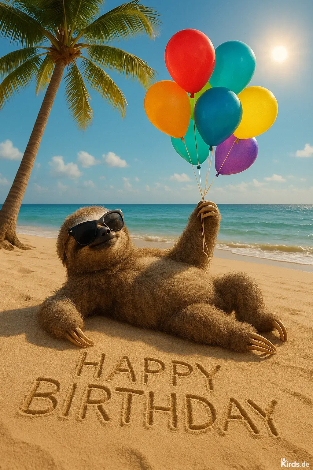 Das humorvolle und farbenfrohe Bild zeigt ein entspanntes Faultier, das auf einem sonnigen Sandstrand liegt. Mit cooler Sonnenbrille auf der Nase und einem entspannten Lächeln im Gesicht strahlt das Tier eine herrlich gelassene Urlaubsstimmung aus. In seiner rechten Kralle hält es ein Bündel bunter Luftballons in kräftigen Farben wie Rot, Orange, Gelb, Blau, Türkis, Lila und Grün, die fröhlich in den Himmel steigen. Über dem Faultier scheint die warme Sonne, während im Hintergrund das türkisfarbene Meer sanft an den Strand rollt und eine einzelne Palme für tropisches Flair sorgt. Direkt vor dem Faultier ist der Schriftzug „HAPPY BIRTHDAY“ kunstvoll in den Sand geschrieben, was das Bild zur perfekten Geburtstagskarte oder Gratulation für Sommerfans macht. Die Szene kombiniert auf originelle Weise tierischen Charme mit Urlaubsstimmung und Geburtstagsfreude.