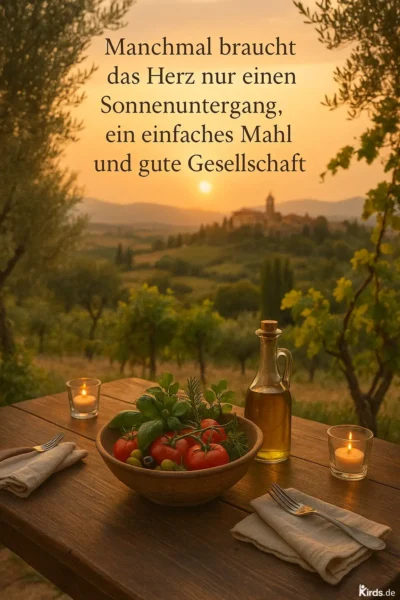 Dieses Spruch-Bild strahlt Ruhe und Einfachheit aus: Ein rustikaler Holztisch ist liebevoll gedeckt mit einer Schale voller frischer Tomaten, Kräuter und Oliven, flankiert von einer Karaffe Olivenöl. Zwei Kerzen sorgen für eine warme, einladende Atmosphäre. Im Hintergrund erstreckt sich eine malerische Hügellandschaft im goldenen Licht eines Sonnenuntergangs. Eine perfekte Szene für ein entspanntes Beisammensein inmitten der Natur.