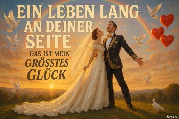 Das Bild zeigt ein glücklich verliebtes Brautpaar im Sonnenuntergang. Die Braut trägt ein elegantes, cremefarbenes Hochzeitskleid mit langer Schleppe, während der Bräutigam einen schwarz-goldenen Anzug trägt. Um sie herum fliegen weiße Tauben, drei rote Herzballons steigen in den Himmel, über ihnen ein leuchtender Regenbogen. Die Szenerie ist verträumt und festlich zugleich – ein Sinnbild für Liebe, Glück und gemeinsame Zukunft.
