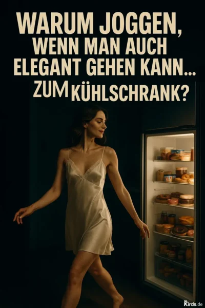 Dieses Spruch-Bild ist humorvoll und stilvoll zugleich: Eine junge Frau in einem eleganten Nachthemd bewegt sich graziös in Richtung eines offenen, beleuchteten Kühlschranks voller Donuts und Leckereien – eine charmante Darstellung von Genuss, Selbstironie und nächtlichen Gelüsten mit einem Augenzwinkern.