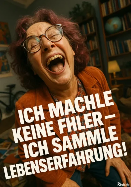 Dieses Spruch-Bild zeigt eine ältere Frau mit lilafarbenen Haaren und einer großen, runden Brille, die herzhaft lacht. Sie trägt eine orangefarbene Jacke und ein gemustertes Hemd. Der Hintergrund zeigt ein gemütliches Wohnzimmer mit einem Bücherregal, einer Weltkugel und einer Lampe, die eine warme Lichtstimmung erzeugen.