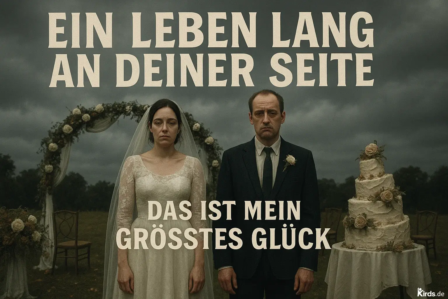 Das Bild zeigt ein scheinbar klassisches Hochzeitsszenario, das jedoch durch seine inszenierte Ironie und düstere Atmosphäre auffällt. Im Zentrum stehen Braut und Bräutigam, beide in traditioneller Hochzeitskleidung – die Braut in einem weißen, spitzenbesetzten Kleid mit Schleier, der Bräutigam in einem dunklen Anzug mit weißer Blume im Knopfloch. Beide blicken ausdruckslos und ernst in die Kamera, was einen starken Kontrast zu dem Anlass bildet, den sie feiern sollten.

Im Hintergrund ist ein dekorierter Traubogen mit weißen Blumen und Stoffen zu sehen, während rechts eine dreistöckige Hochzeitstorte auf einem Tisch steht. Die Torte wirkt unordentlich verziert, was zusammen mit dem grauen Himmel und der düsteren Lichtstimmung eine melancholisch-satirische Wirkung erzeugt. Über dem Paar steht in großen, auffälligen Buchstaben der ironisch gemeinte Text: „Ein Leben lang an deiner Seite – Das ist mein größtes Glück“. Der Kontrast zwischen der romantischen Aussage und den freudlosen Gesichtern verstärkt den humorvoll-kritischen Unterton der Szene.

Das Bild spielt mit den Erwartungen an Hochzeitsfotos und stellt sie auf provokante Weise infrage – eine Mischung aus Sarkasmus, Gesellschaftskritik und visueller Erzählkunst.