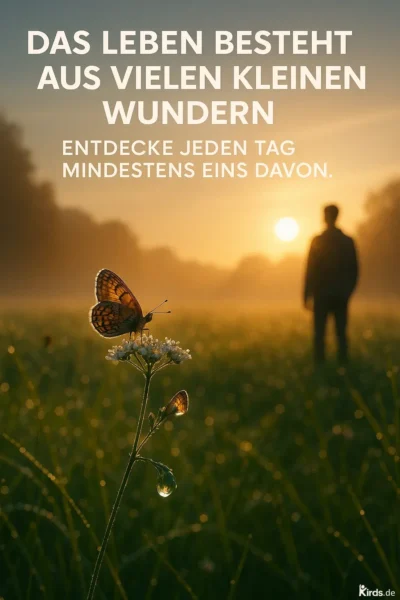 Dieses Spruch-Bild zeigt eine zarte weiße Blume im Morgentau, auf der ein Schmetterling ruht. Ein Wassertropfen hängt schwer an einem Blütenstiel und reflektiert das Licht. Im Hintergrund steht eine nachdenkliche Silhouette einer Person im goldenen Licht eines Sonnenaufgangs, eingebettet in eine weite, neblige Wiesenlandschaft.