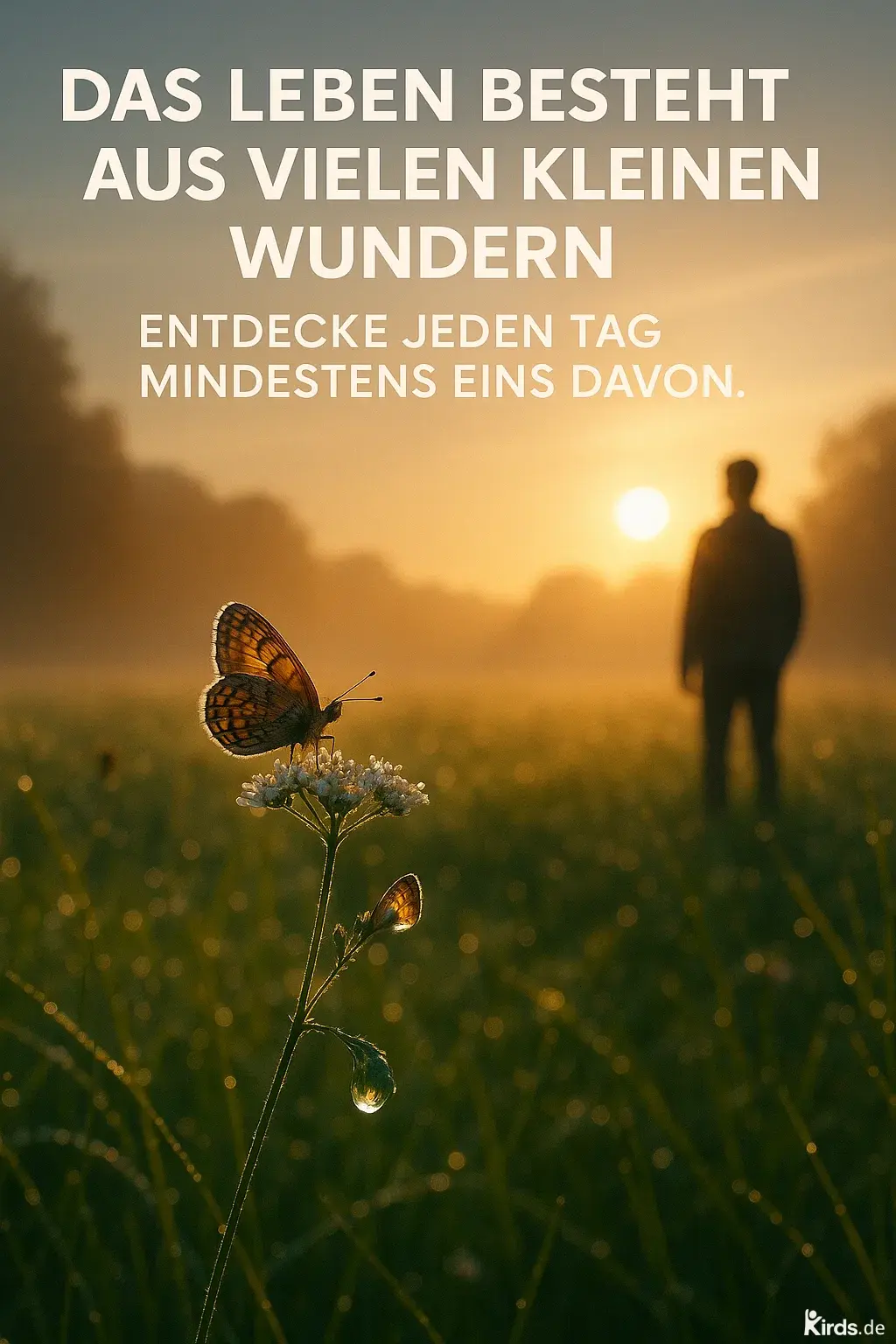 Dieses Spruch-Bild zeigt eine zarte weiße Blume im Morgentau, auf der ein Schmetterling ruht. Ein Wassertropfen hängt schwer an einem Blütenstiel und reflektiert das Licht. Im Hintergrund steht eine nachdenkliche Silhouette einer Person im goldenen Licht eines Sonnenaufgangs, eingebettet in eine weite, neblige Wiesenlandschaft.