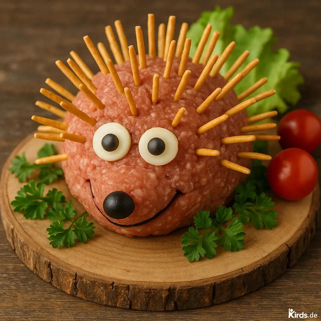 uf dem Bild ist ein fantasievoll gestalteter Mettigel zu sehen, der auf einem runden Holzbrett serviert wird. Der Igel besteht vollständig aus rohem Mett, das in die Form eines Igels modelliert wurde. Als Stacheln dienen zahlreiche knusprige Salzstangen, die gleichmäßig in den „Rücken“ des Igels gesteckt wurden und in alle Richtungen abstehen. Die lustigen Augen sind aus kleinen runden Käsescheiben gestaltet, in deren Mitte jeweils eine schwarze Olive als Pupille platziert ist. Die schwarze Nase besteht ebenfalls aus einer Olive, während der freundliche Mund mit einer dünnen Linie, vermutlich aus essbarem Dekor wie Lakritz oder einem feinen Streifen Paprika, angedeutet wurde.

Der Mettigel ist liebevoll dekoriert und liegt auf einem frischen Salatblatt. Um das Holzbrett sind zusätzlich einige Petersilienzweige arrangiert, die dem Bild eine frische, grüne Note verleihen. Rechts im Hintergrund befinden sich zwei leuchtend rote Cocktailtomaten, die einen farbenfrohen Kontrast zum rosa Mett und dem grünen Salat bieten. Der rustikale Holzhintergrund und das natürliche Servierbrett unterstreichen die gemütliche, einladende Atmosphäre – ideal für ein rustikales Buffet, eine Party oder einen besonderen Anlass.

Diese kreative und zugleich witzige Speiseidee ist nicht nur ein echter Hingucker, sondern sorgt garantiert für gute Laune bei den Gästen.