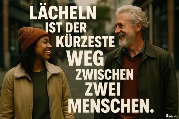 Zwei Menschen – eine junge Frau mit lockigen Haaren und Mütze sowie ein älterer Mann mit grauem Bart – stehen sich auf einer Straße gegenüber und lächeln sich herzlich an. Ihre Blicke treffen sich, beide strahlen echte Freude und Sympathie aus. Das Bild fängt einen warmen Moment zwischenmenschlicher Verbindung ein. Der Hintergrund ist unscharf und lässt die Begegnung in den Vordergrund treten.