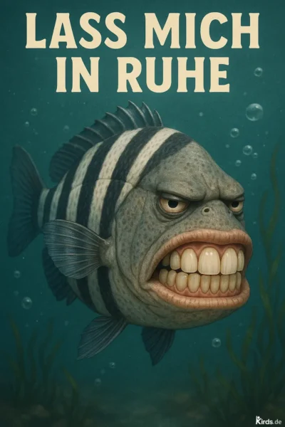 Das Bild zeigt eine surreale und humorvolle Unterwasserszene mit einem äußerst ungewöhnlichen Fisch im Mittelpunkt. Der Fisch besitzt menschliche Gesichtszüge, insbesondere ein extrem wütendes Gesicht mit zusammengekniffenen Augenbrauen, einem grimmigen Blick und auffallend realistisch gezeichneten menschlichen Zähnen, die in einer drohenden Grimasse entblößt sind. Sein Körper ist von kräftigen, schwarzen Querstreifen überzogen, was ihn an tropische Fischarten erinnert. Die Szenerie spielt sich unter Wasser ab, angedeutet durch aufsteigende Luftblasen und grüne Wasserpflanzen im Hintergrund. Über dem Fisch prangt in großen, beigen Blockbuchstaben die Botschaft: „LASS MICH IN RUHE“. Diese Kombination aus realistischen und karikaturhaften Elementen erzeugt eine absurde, fast satirische Wirkung. Das Bild spielt augenscheinlich mit menschlichen Emotionen und deren Übertragung auf Tiere, möglicherweise als ironischer Kommentar zu sozialer Überforderung oder dem Wunsch nach Rückzug.