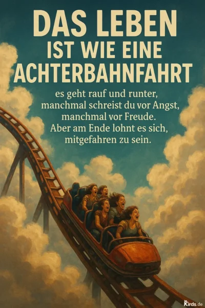 Das Spruch-Bild zeigt eine realistisch gemalte Achterbahn inmitten dramatischer Wolken. Auf dem roten Achterbahnwagen sitzen fünf Personen, die mit weit geöffnetem Mund schreien – ein Ausdruck von gemischter Angst und Freude. Die Szene fängt die Dynamik und Intensität einer Achterbahnfahrt ein und symbolisiert die emotionale Bandbreite des Lebens.