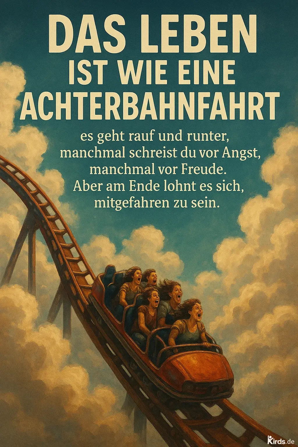 Das Spruch-Bild zeigt eine realistisch gemalte Achterbahn inmitten dramatischer Wolken. Auf dem roten Achterbahnwagen sitzen fünf Personen, die mit weit geöffnetem Mund schreien – ein Ausdruck von gemischter Angst und Freude. Die Szene fängt die Dynamik und Intensität einer Achterbahnfahrt ein und symbolisiert die emotionale Bandbreite des Lebens.
