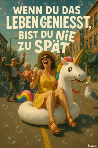 Dieses Spruch-Bild ist eine lebendige, farbenfrohe Darstellung purer Lebensfreude: Im Mittelpunkt sitzt eine fröhlich lachende Frau in einem gelben Sommerkleid mit Sonnenhut und Eis in der Hand auf einem aufblasbaren Einhorn mitten auf der Straße. Um sie herum tanzen Seifenblasen, im Hintergrund jubeln ältere Menschen ausgelassen. Eine Möwe mit Partyhut steht am Bildrand. Das Bild strahlt Spontaneität, Freude und einen Hauch von Kindlichkeit aus – eine echte Feier des Lebens.
