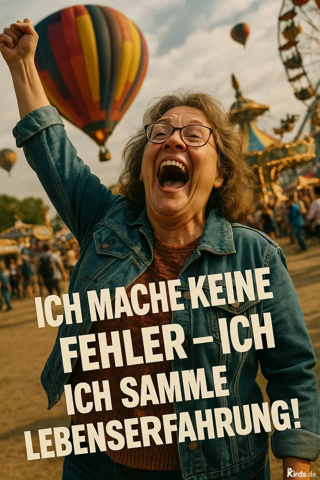 Das Bild zeigt eine lebensfrohe, ältere Frau mit grauem, lockigem Haar und Brille, die vor Freude strahlt. Sie trägt eine lässige Jeansjacke über einem braunen Pullover. Ihre rechte Faust ist triumphierend in die Luft gereckt, während sie den Mund weit geöffnet hat und herzlich lacht. Im Hintergrund ist ein farbenfroher Jahrmarkt zu sehen, der eine fröhliche und lebendige Atmosphäre vermittelt. Mehrere bunte Heißluftballons steigen in den Himmel, einer davon besonders groß und prominent direkt über der Frau. Rechts im Bild erkennt man ein klassisches Riesenrad und ein nostalgisches Kettenkarussell mit leuchtenden Lichtern, die eine festliche Stimmung unterstreichen. Der Himmel ist leicht bewölkt, aber hell, was die Farben der Ballons und Fahrgeschäfte besonders strahlen lässt.

Im Vordergrund des Bildes ist ein motivierender Spruch in großen, weißen Buchstaben zu lesen:
„ICH MACHE KEINE FEHLER – ICH ICH SAMMLE LEBENSERFAHRUNG!“

Dieses Bild vermittelt pure Lebensfreude, Freiheit und die positive Einstellung, aus allen Erfahrungen des Lebens zu lernen. Ideal geeignet für Themen rund um Motivation, Lebensfreude im Alter, positive Psychologie und Abenteuerlust.