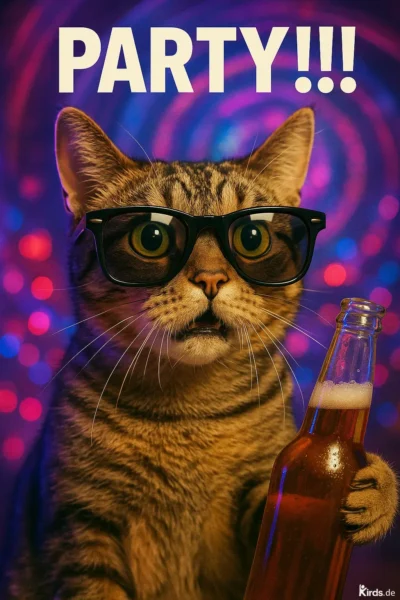 Dieses Spruch-Bild ist humorvoll und auffällig gestaltet: Eine getigerte Katze trägt eine große schwarze Brille, hält eine geöffnete Flasche in der Pfote und blickt überrascht nach vorne. Im Hintergrund erzeugen bunte, leuchtende Lichter eine lebendige Partystimmung.