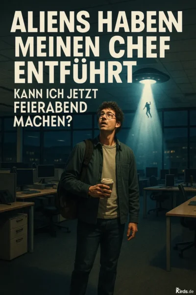 Ein junger Büroangestellter steht in einem dunklen Großraumbüro mit einem Kaffeebecher in der Hand. Er schaut erstaunt nach oben, wo ein UFO mit Lichtstrahl einen Menschen – offensichtlich seinen Chef – in die Luft beamt. Die Szene ist humorvoll und filmisch inszeniert, mit surrealer, leicht düsterer Lichtstimmung.