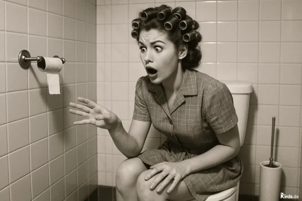Auf dem Bild sieht man eine Frau im Retro-Stil, vermutlich aus den 50er oder 60er Jahren, die mit Lockenwicklern im Haar schockiert auf eine fast leere Toilettenpapierrolle schaut. Sie sitzt auf der Toilette, trägt ein kariertes Kleid mit kurzem Ärmel und wirkt völlig überrascht und überfordert. Der Gesichtsausdruck ist übertrieben dramatisch. Die Szene ist in Sepia oder Schwarz-Weiß gehalten, was den nostalgischen Charakter verstärkt. Möchtest du, dass ich das Bild nun als farbige Version oder Collage gestalte?