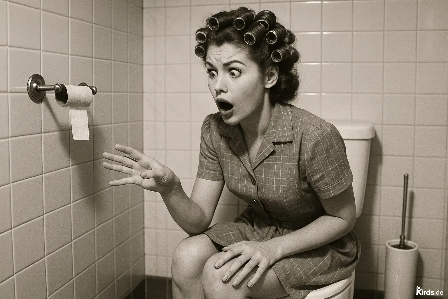 Auf dem Bild sieht man eine Frau im Retro-Stil, vermutlich aus den 50er oder 60er Jahren, die mit Lockenwicklern im Haar schockiert auf eine fast leere Toilettenpapierrolle schaut. Sie sitzt auf der Toilette, trägt ein kariertes Kleid mit kurzem Ärmel und wirkt völlig überrascht und überfordert. Der Gesichtsausdruck ist übertrieben dramatisch. Die Szene ist in Sepia oder Schwarz-Weiß gehalten, was den nostalgischen Charakter verstärkt. Möchtest du, dass ich das Bild nun als farbige Version oder Collage gestalte?