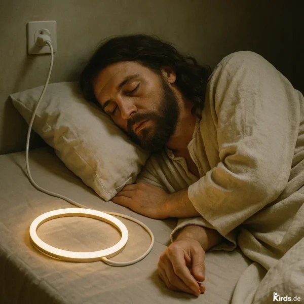 Auf dem Bild liegt ein Mann mit langen Haaren und Bart – stilistisch an die Darstellung von Jesus angelehnt – schlafend in einem Bett mit Leinenbettwäsche. Neben ihm auf dem Bett liegt ein leuchtender LED-Ring, der wie ein moderner Heiligenschein wirkt. Der Ring ist über ein USB-Kabel mit der Steckdose verbunden. Die Szene ist warm beleuchtet und wirkt ruhig und andächtig.