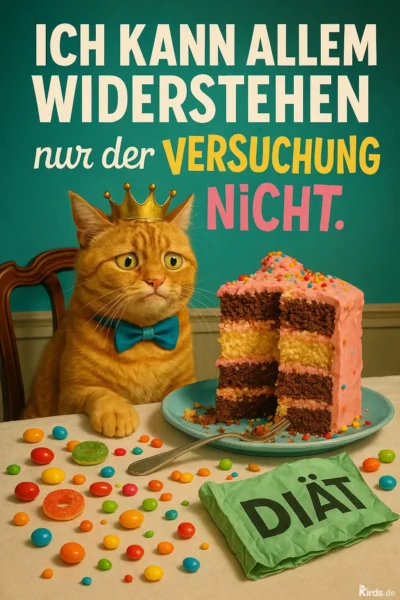 Dieses Spruch-Bild ist humorvoll und bildstark: Eine orangefarbene Katze mit goldener Krone und blauer Fliege sitzt traurig vor einem angeschnittenen, bunten Schichtkuchen. Auf dem Tisch liegen verstreut bunte Bonbons und eine grüne Serviette mit dem Wort „Diät“. Die Katze blickt sehnsüchtig zum Kuchen, während eine Gabel auf dem Teller liegt.